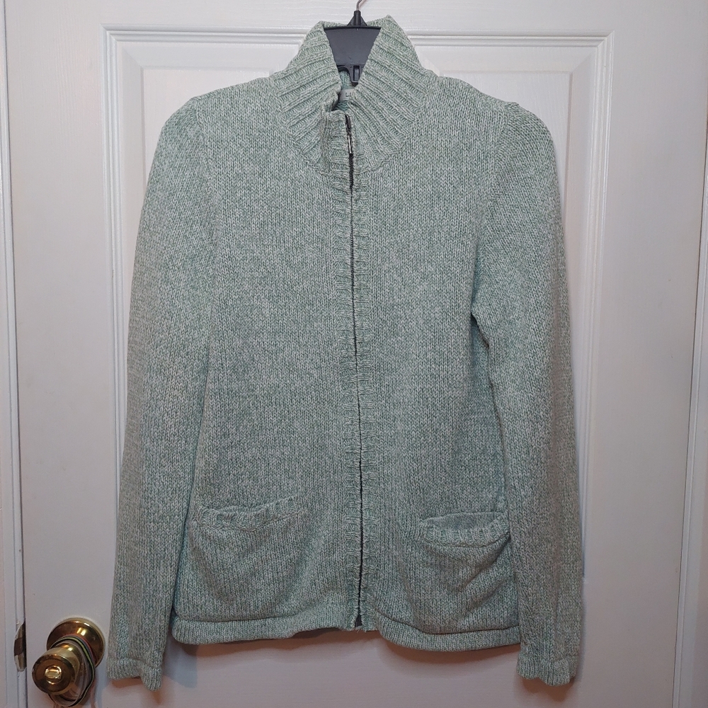 LL Bean Heathered Light Green Full Zip Chunky Knit Sweater Heavyweight Size S